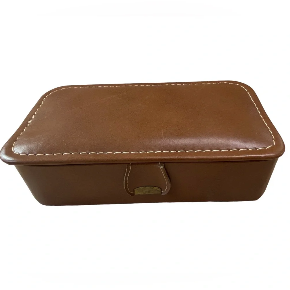 Vintage Leather Brown Brevoni Mid Century Men’s Cufflinks Tie Bars Jewelry Box